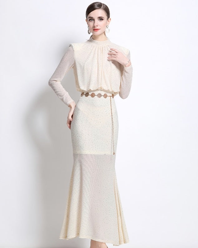 Elegant Sheer Long-Sleeve Maxi Dress - Ivory