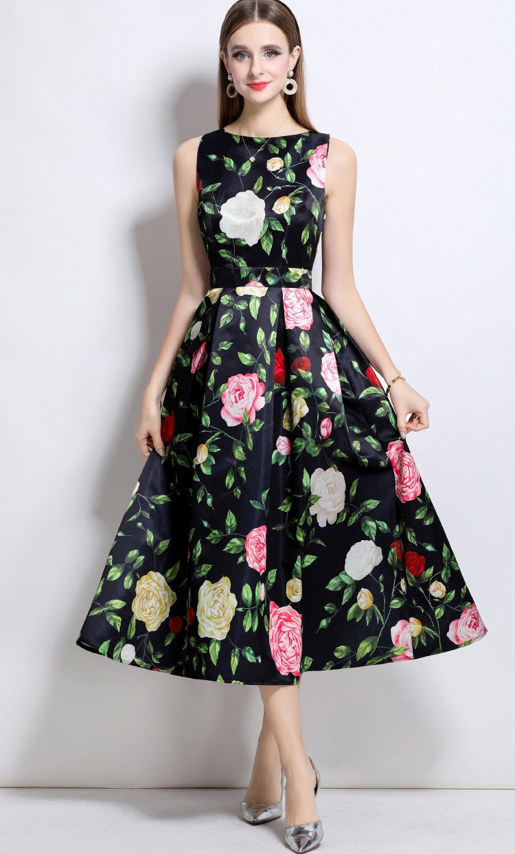 Noir Rose Elegance Midi Dress