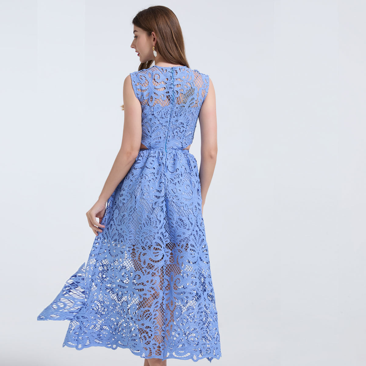 Elegant Sky Blue Lace Midi Dress