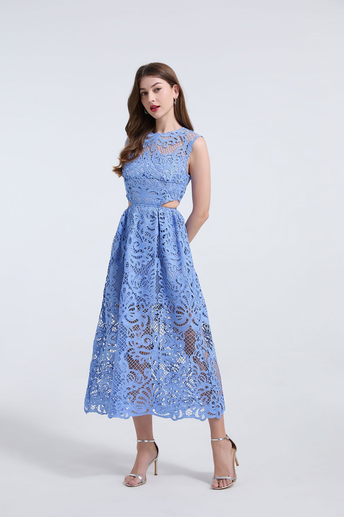 Elegant Sky Blue Lace Midi Dress