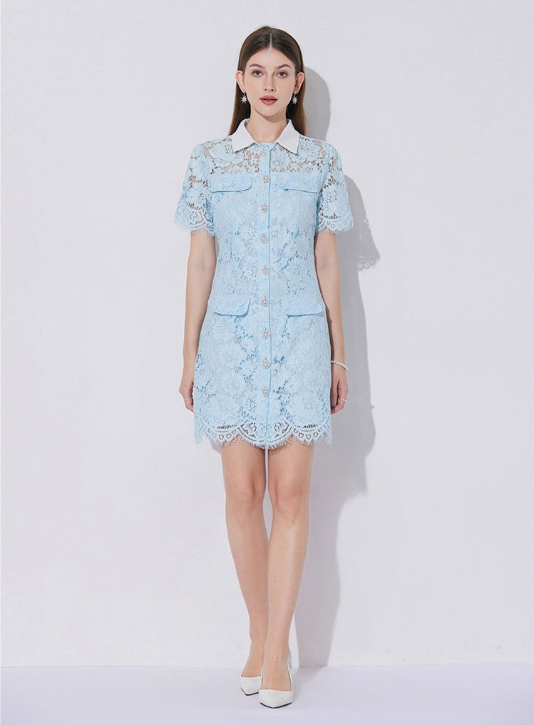 Bella Azure Collared Lace Mini Dress - 901753717898_BLUE