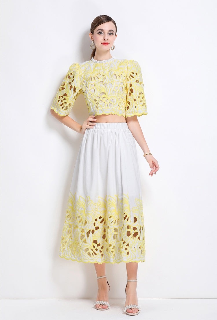 Yellow Embroidered Cutout Two Piece Dress