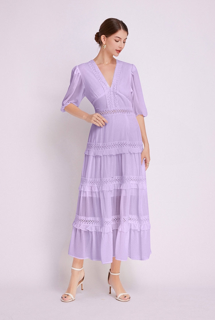 Lavender French Lace Chiffon Dress