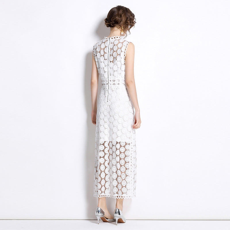 White Hollow-Out Lace Midi Dress
