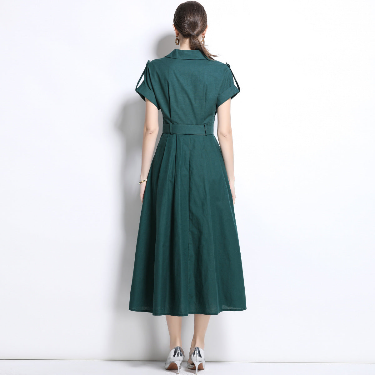 Emerald Green Military Midi Dress With Belt
