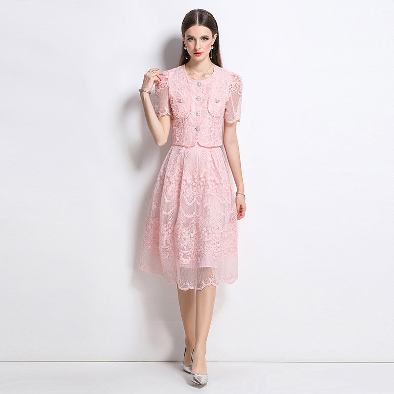 Elegant Lace Vintage Two Piece Midi Dress – Blush Pink
