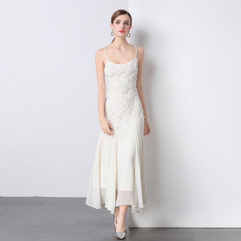 Elegant Rosette Lace Mermaid Dress - 903964984687_OFFWHITE