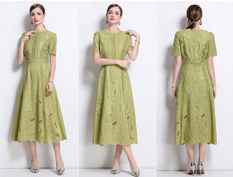Olive Whisper Embroidered Midi Dress