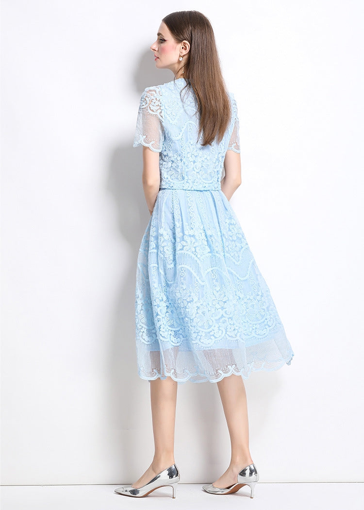 Elegant Lace Vintage Two Piece Midi Dress – Sky Blue