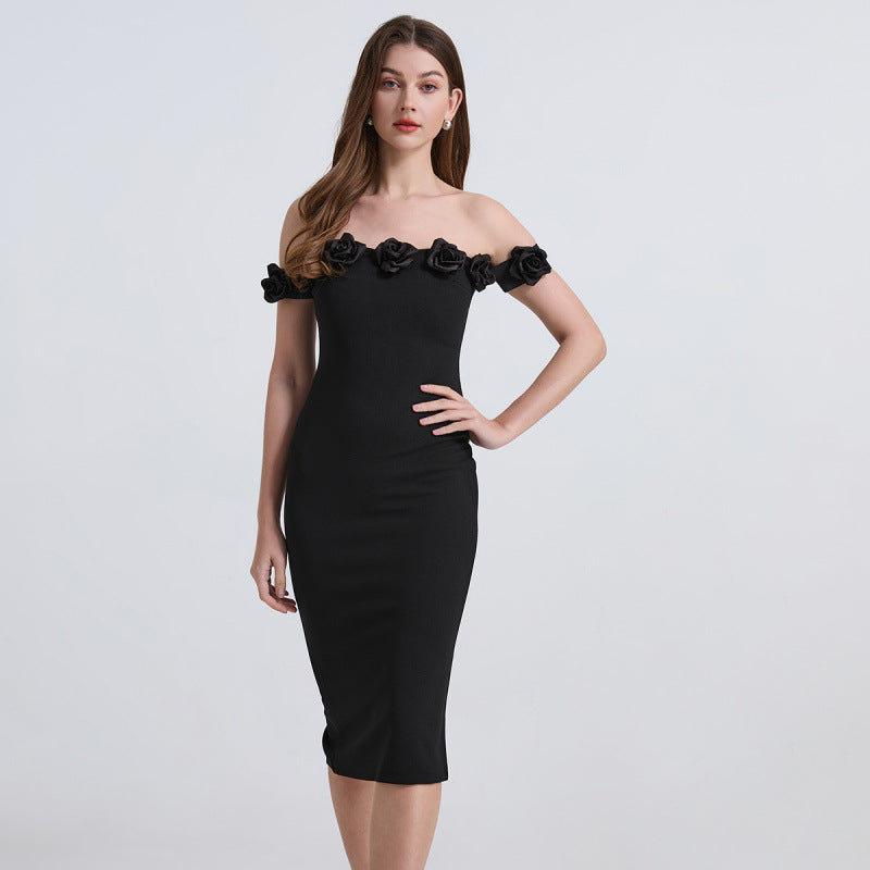 Black Off-Shoulder Rose Embellished Bodycon Dress