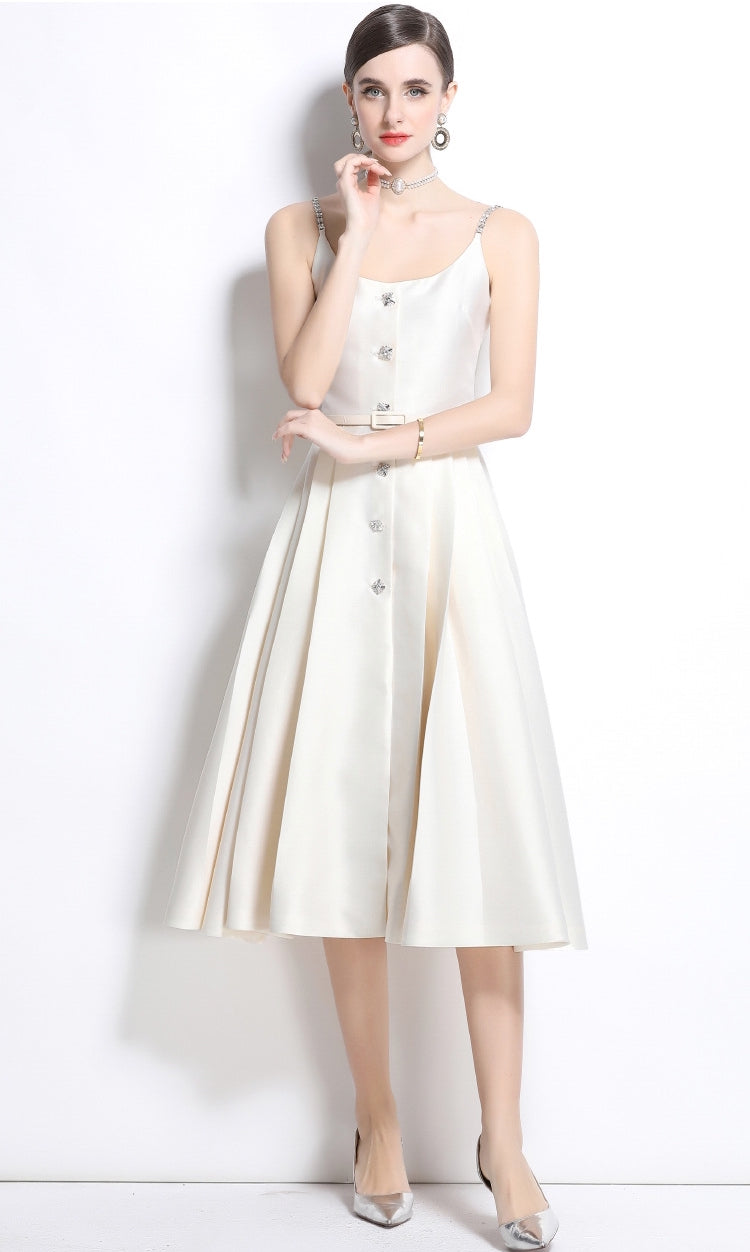 Ivory Satin Crystal-Button Midi Dress