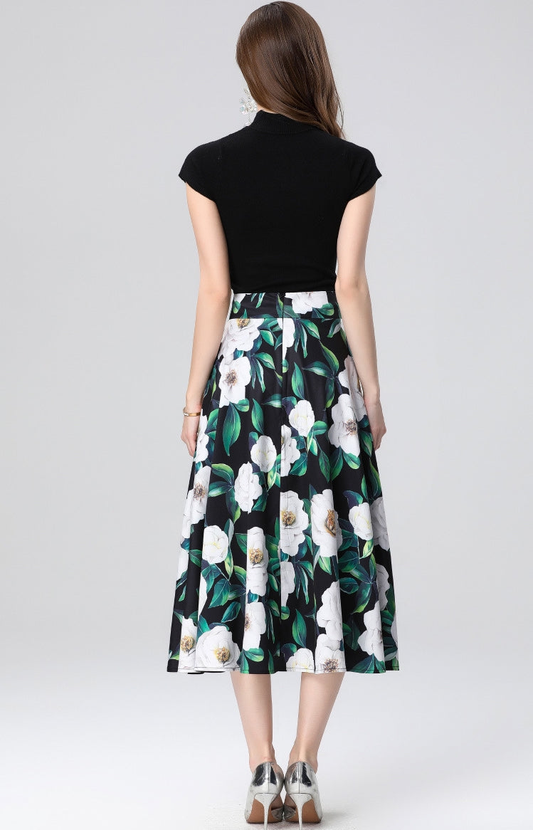 Elegant White Floral Midi Skirt Two Piece Set