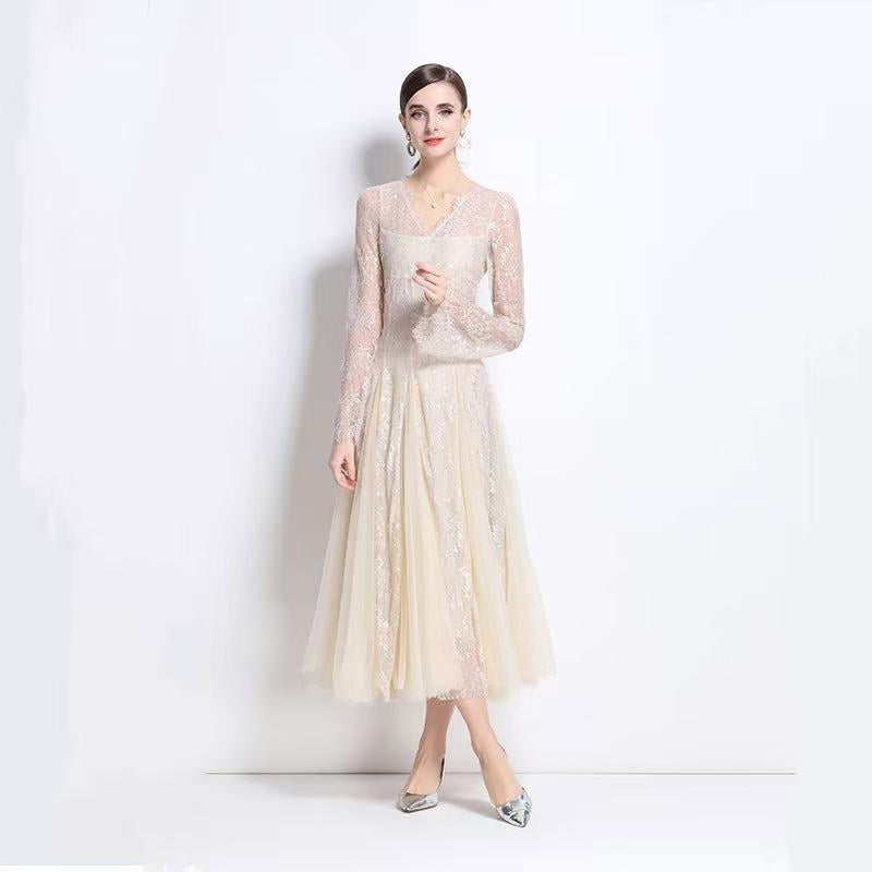 Ivory Lace Long-Sleeve Midi Dress
