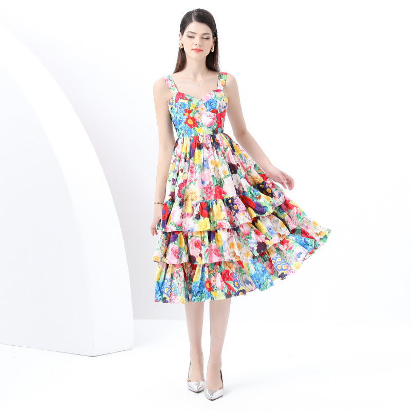 Vibrant Floral Tiered Midi Dress