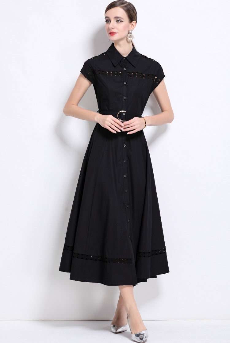 Midnight Grace Belted Shirt Dress