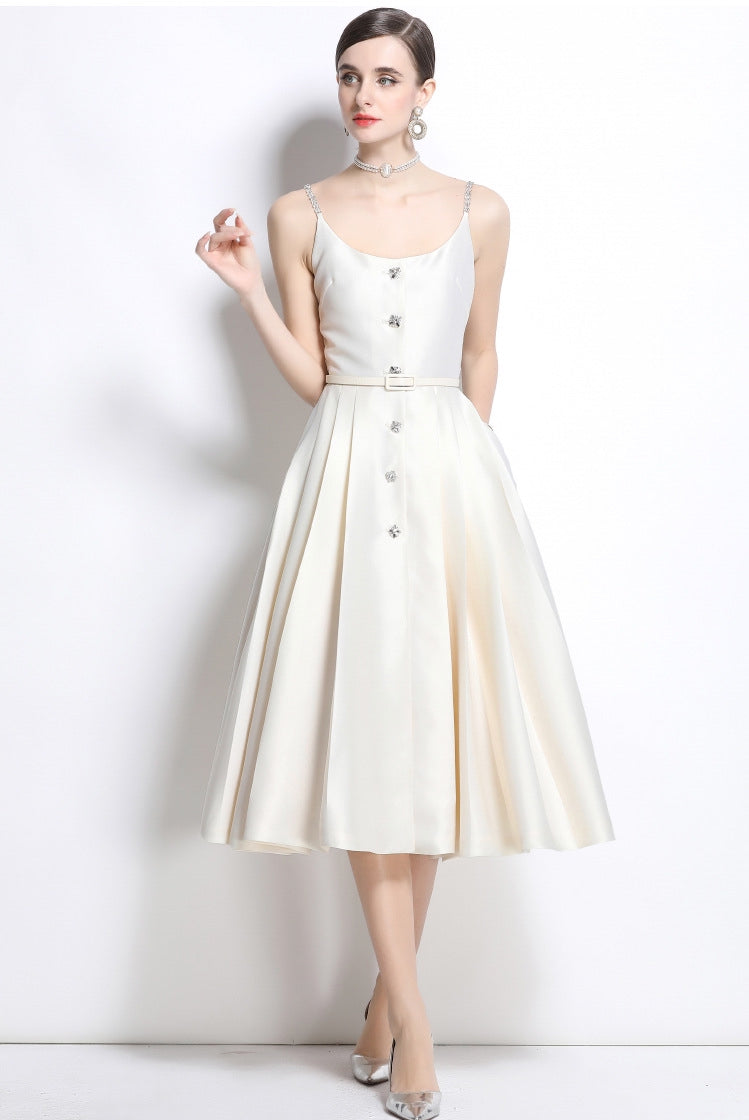 Ivory Satin Crystal-Button Midi Dress