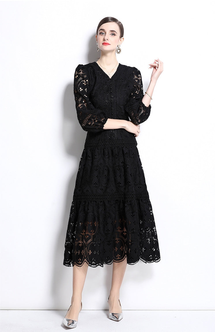 Vintage Black Lace Midi Dress
