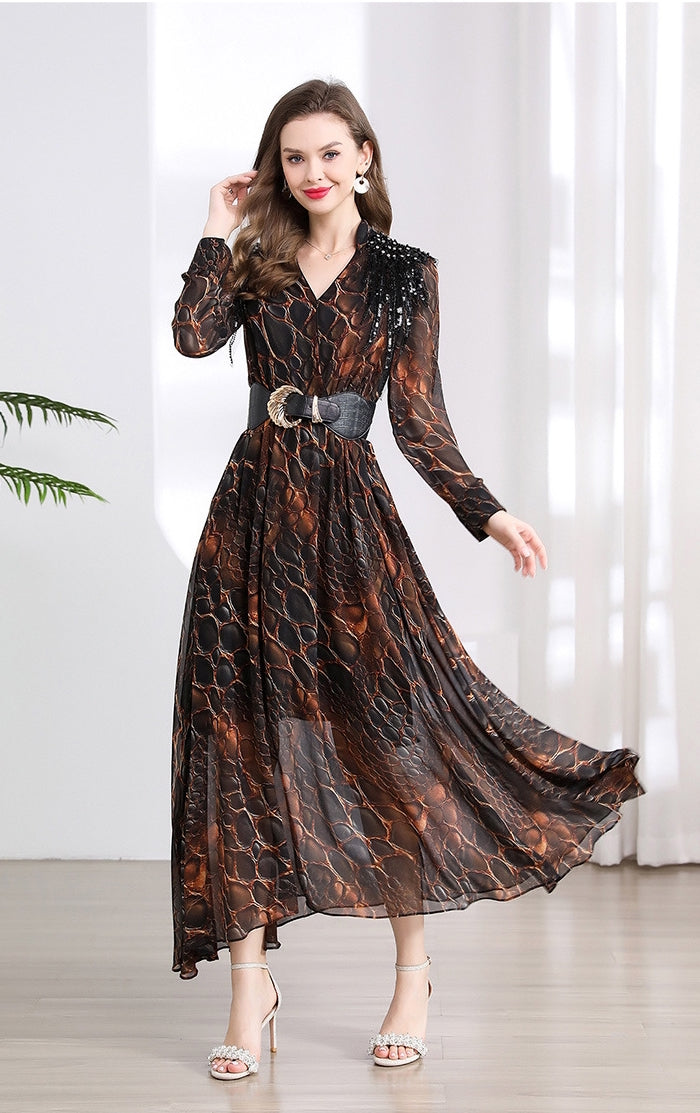 Elegant Serpentine Sheer Maxi Dress - 901487024172_BROWN