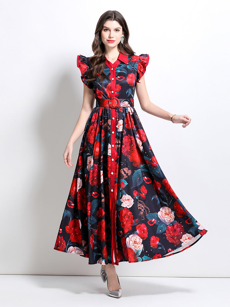 Vintage-Inspired Floral Maxi Shirt Dress with Ruffle Sleeves