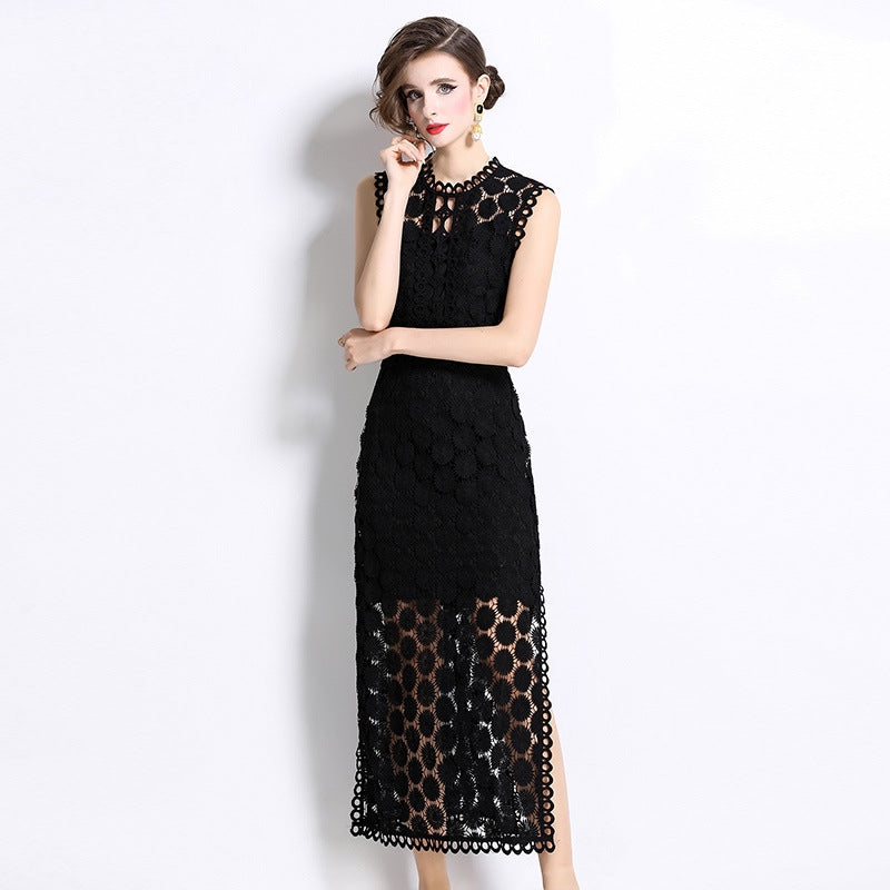 Black Hollow-Out Lace Midi Dress