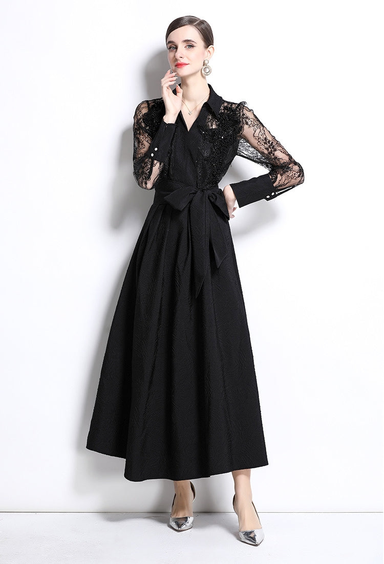 Black Lace Sleeve Belted Maxi Dress