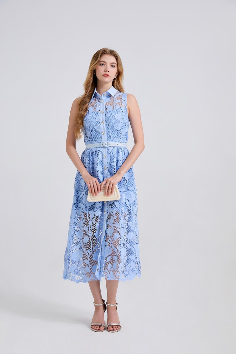 Sky Blossom Sleeveless Lace Midi Dress - 919430221311_BLUE