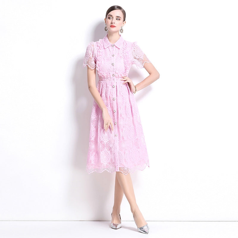 Elegant Pink Lace Button-Up Midi Dress