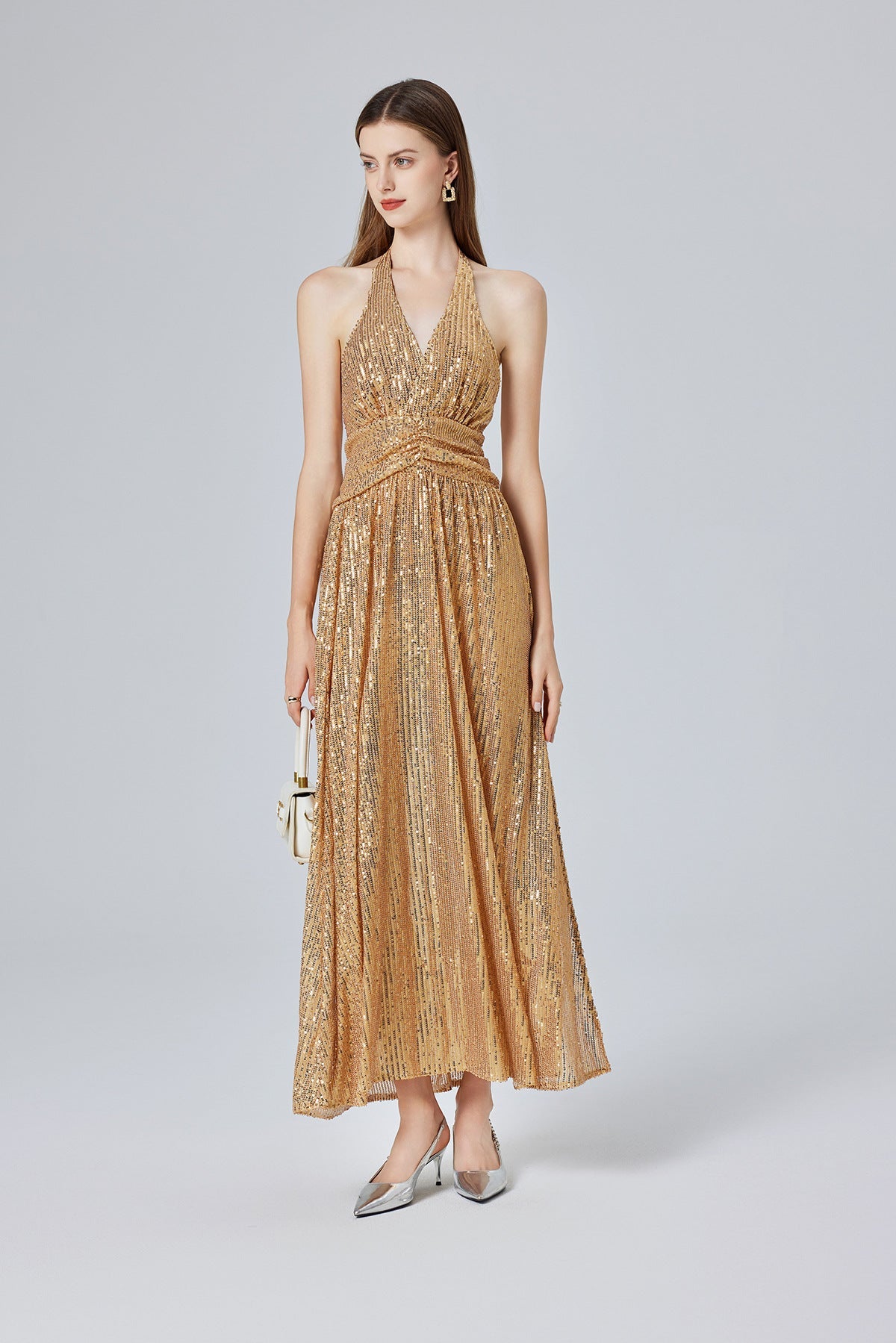 Gold Sequin Halter Maxi Dress