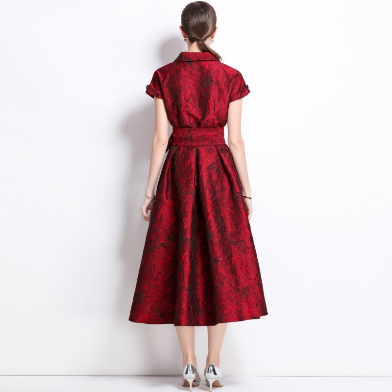 Crimson Elegance Brocade Midi Dress - 913663767470_RED