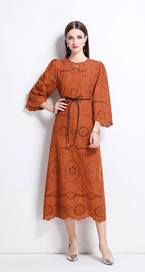 Terracotta Eyelet Midi Dress - 902368523846_BROWN