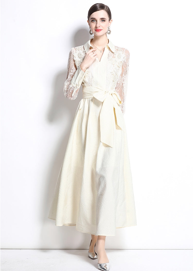 Elegant Lace Sleeve Belted Midi Dress