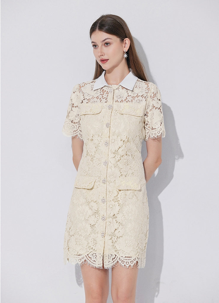 Vanilla Cream Collared Lace Utility Dress - 902176944234_APRICOT