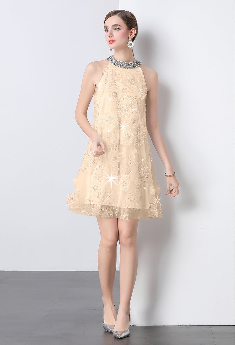 Golden Bloom Embroidered Party Dress - 903097354318_CHAMPANGE