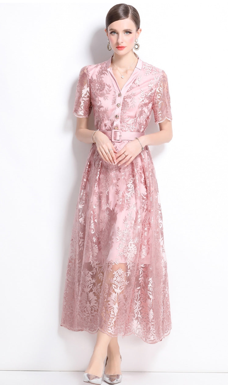 Aurora Bloom Embroidered Tea-Length Dress