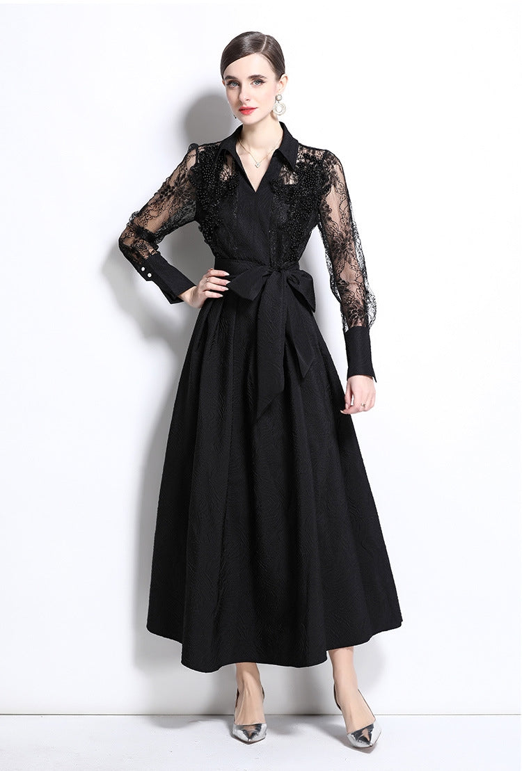 Black Lace Sleeve Belted Maxi Dress
