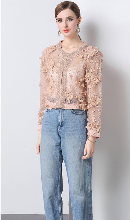 Blush Bloom Embroidered Sheer Jacket - 904547045647_BEIGE