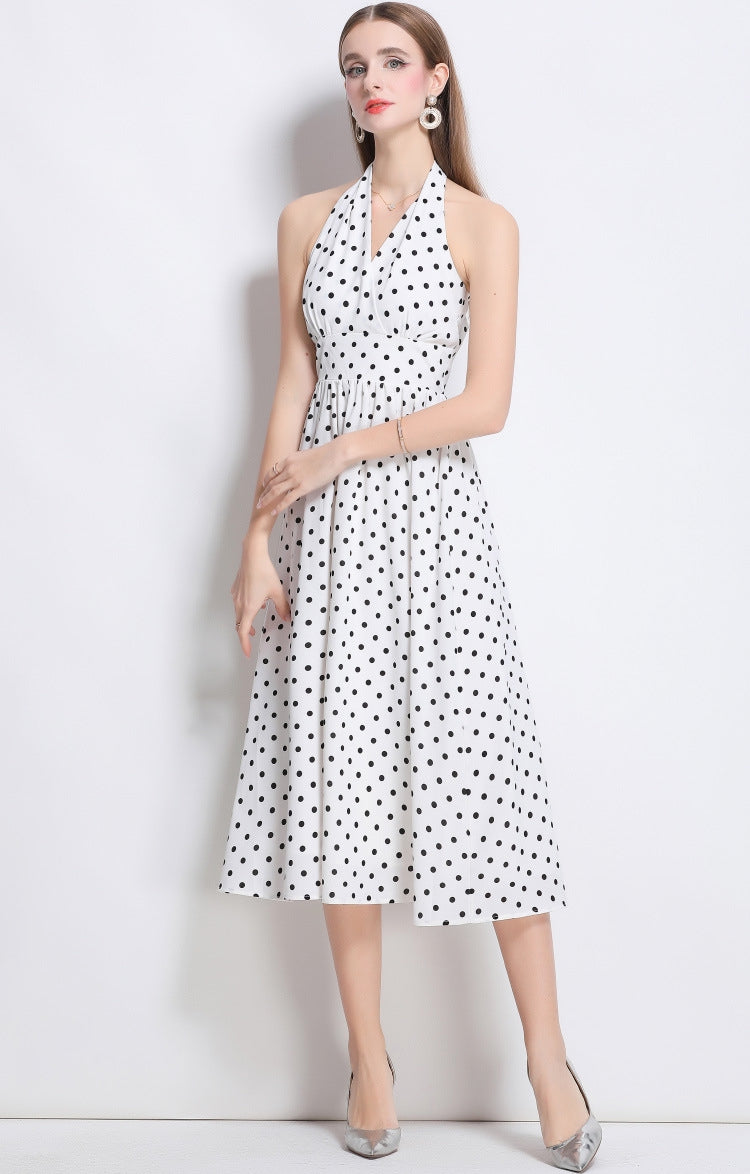 Classic Charm White Polka Dot Halter Dress - 902653054769_WHITE