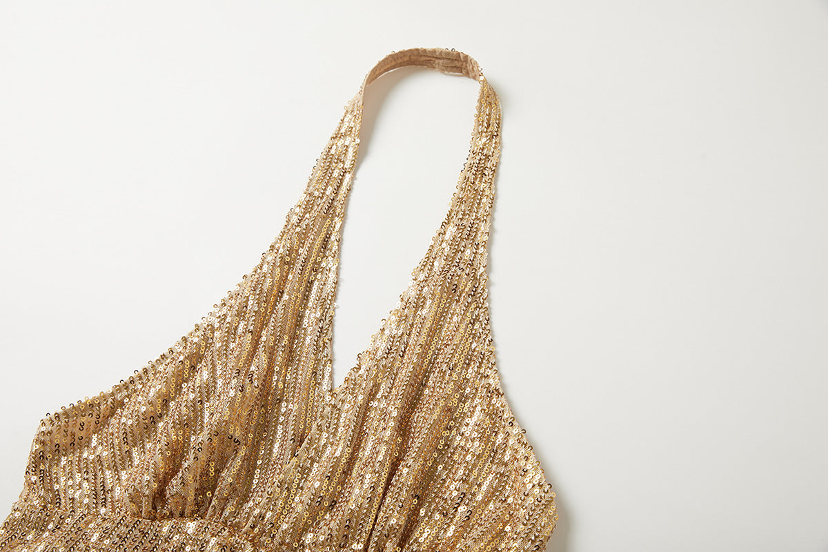 Gold Sequin Halter Maxi Dress