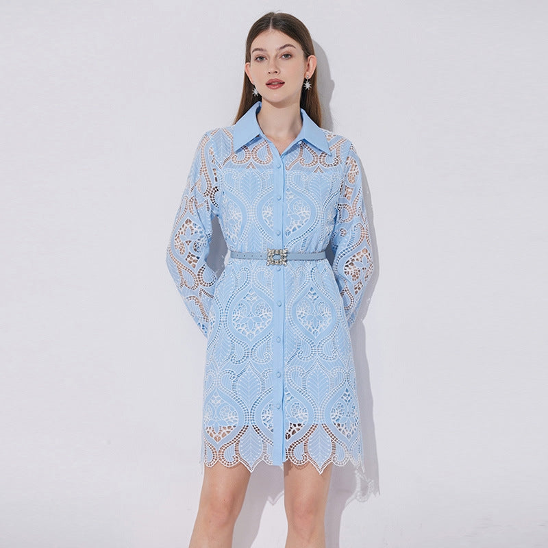 Celestial Eyelet Belted Shirt Dress - 901028103574_BLUE