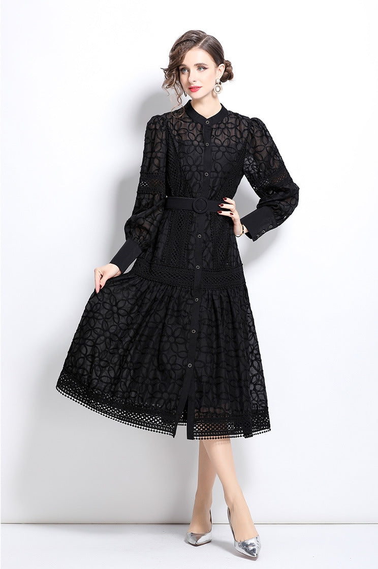 Elegant Black Lace Midi Dress with Belt