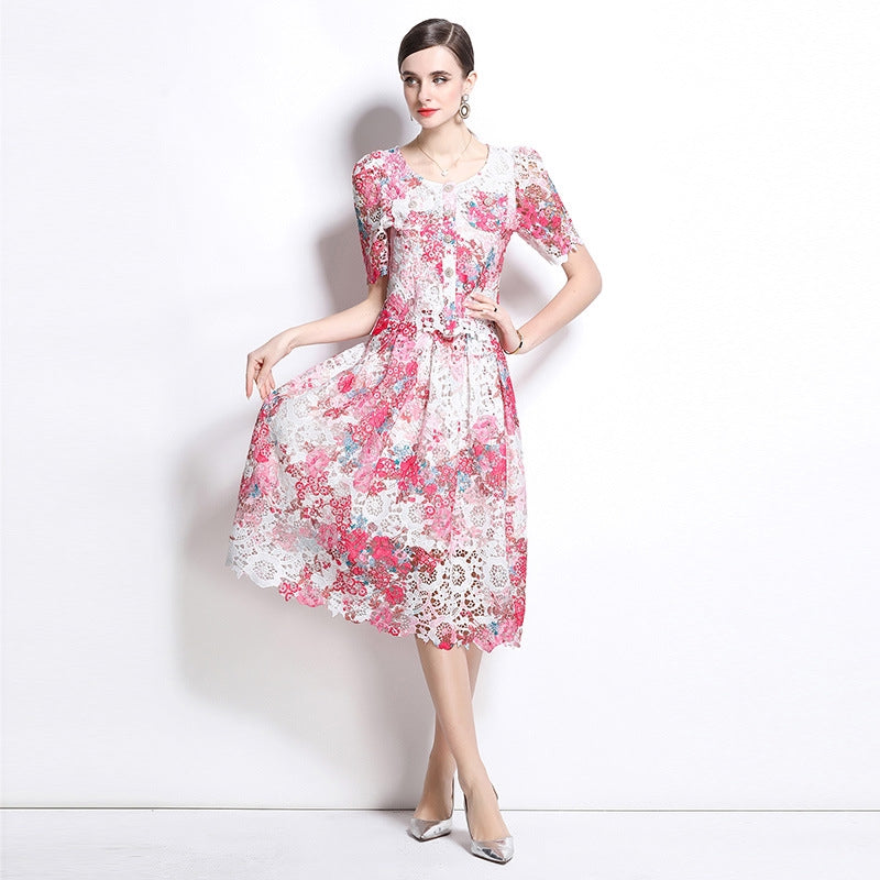 Floral Lace Patchwork Midi  Two Piece Dress