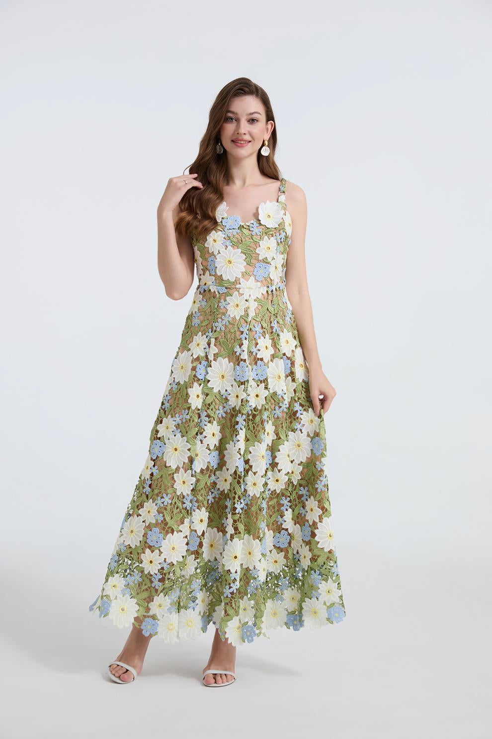 Meadow Bloom Embroidered Lace Dress - 902466078623_GREEN