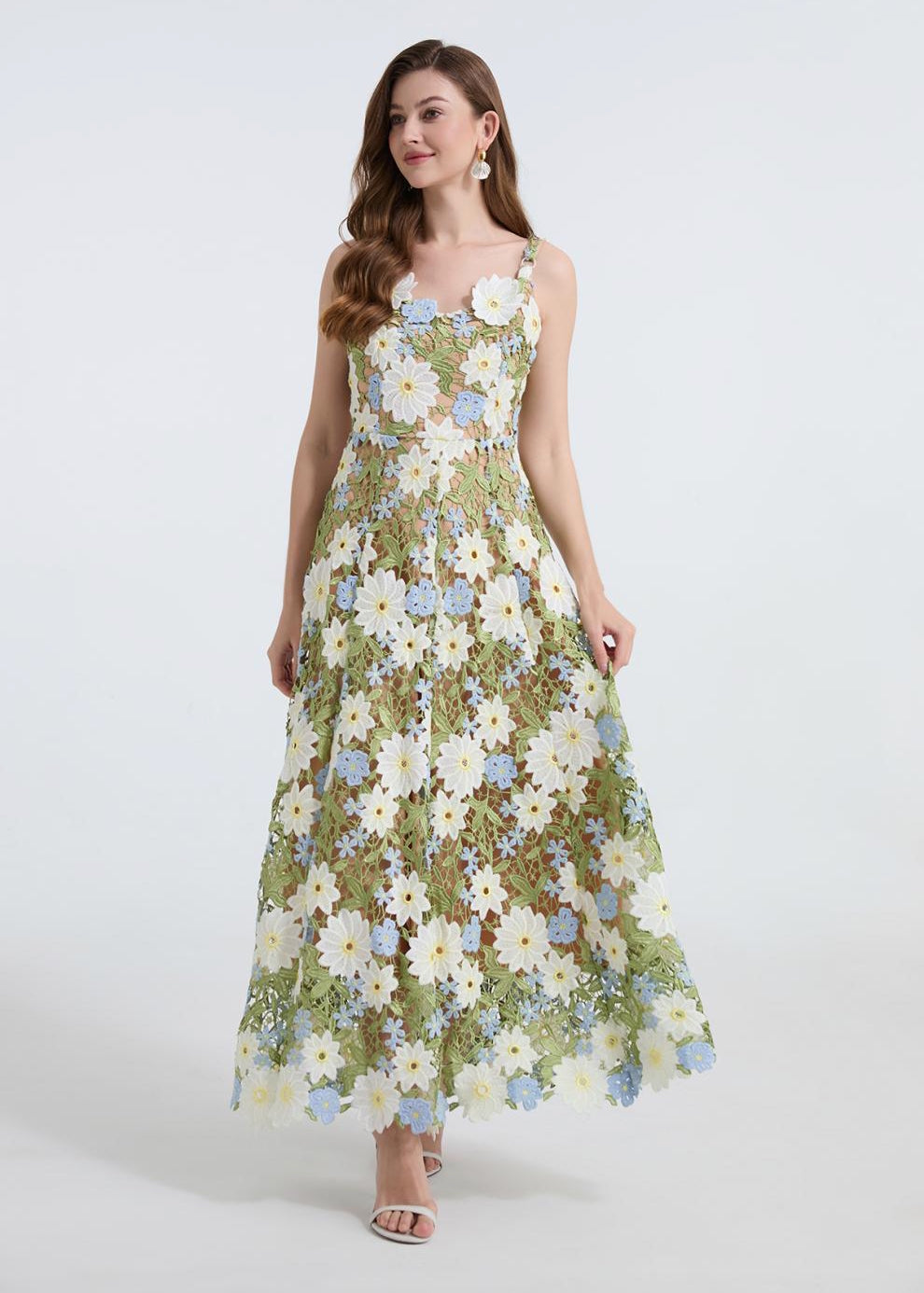 Meadow Bloom Embroidered Lace Dress - 902466078623_GREEN