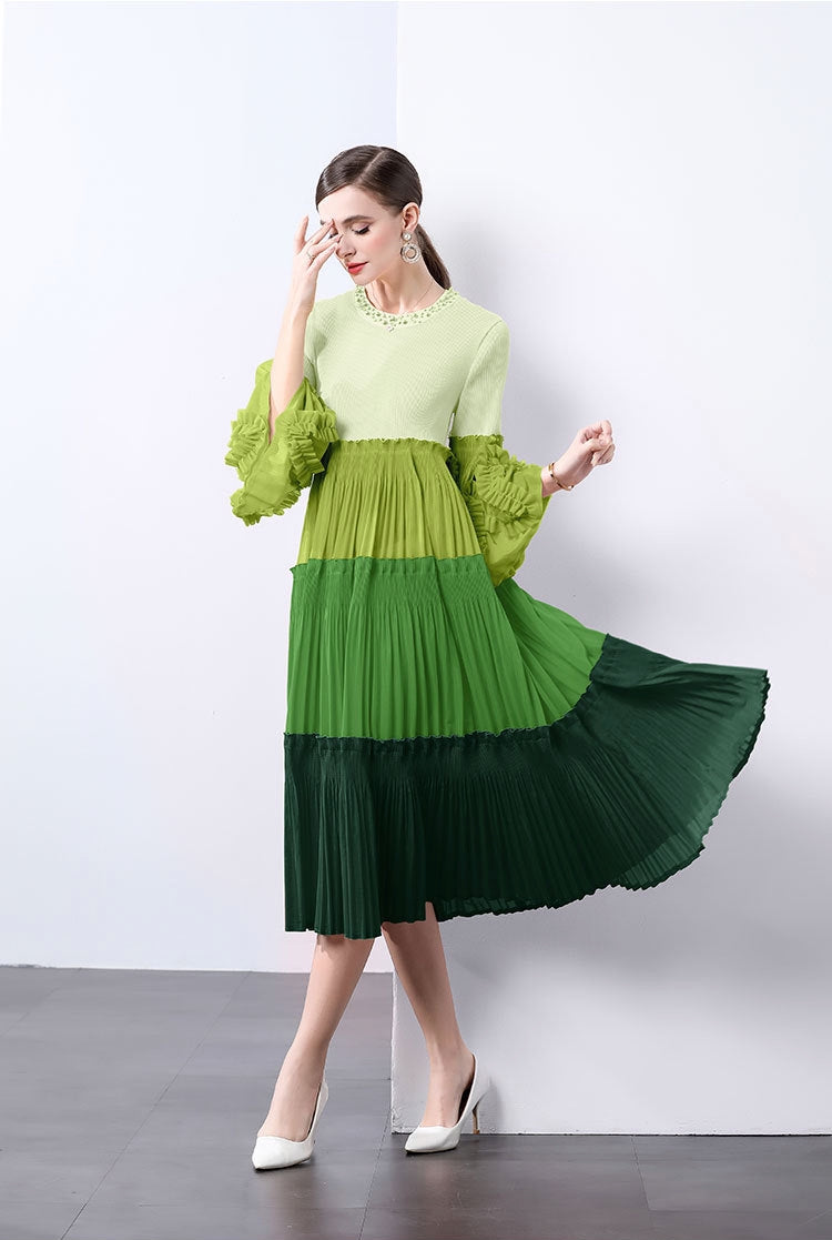 Green Ombre Pleated Midi Dress