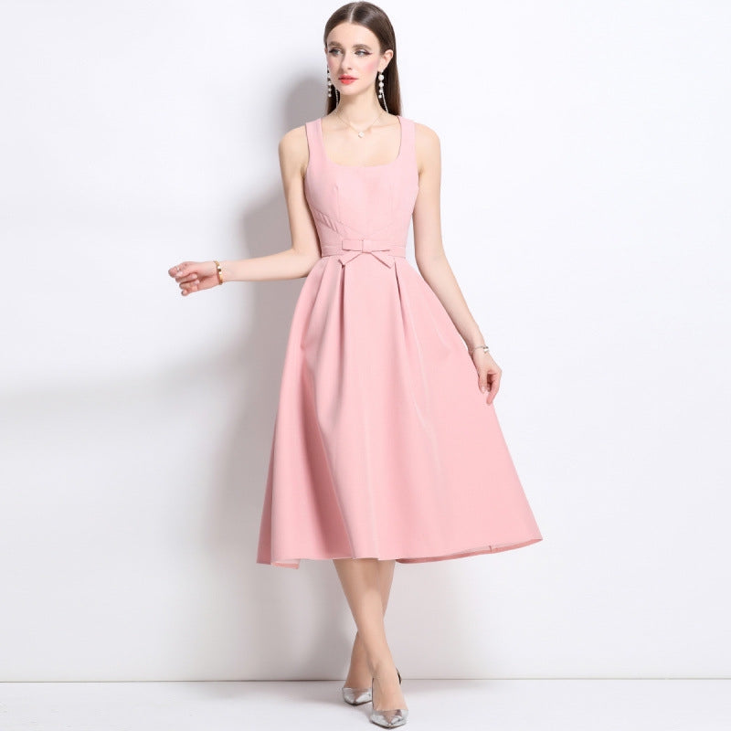 Elegant Rose Midi Bow Dress - 901083289296_PINK