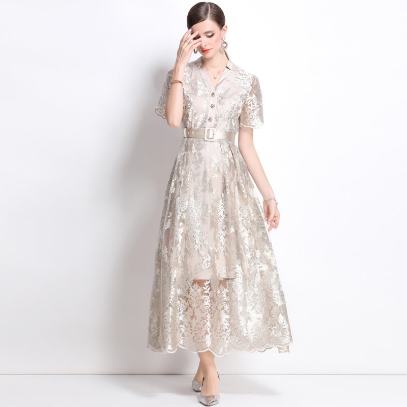 Luxe Embroidered Lace Midi Dress with Belt - 901024775521_APRICOT