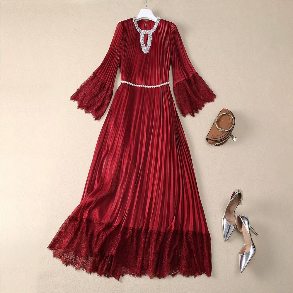 Elegant Wine Red Lace Maxi Dress