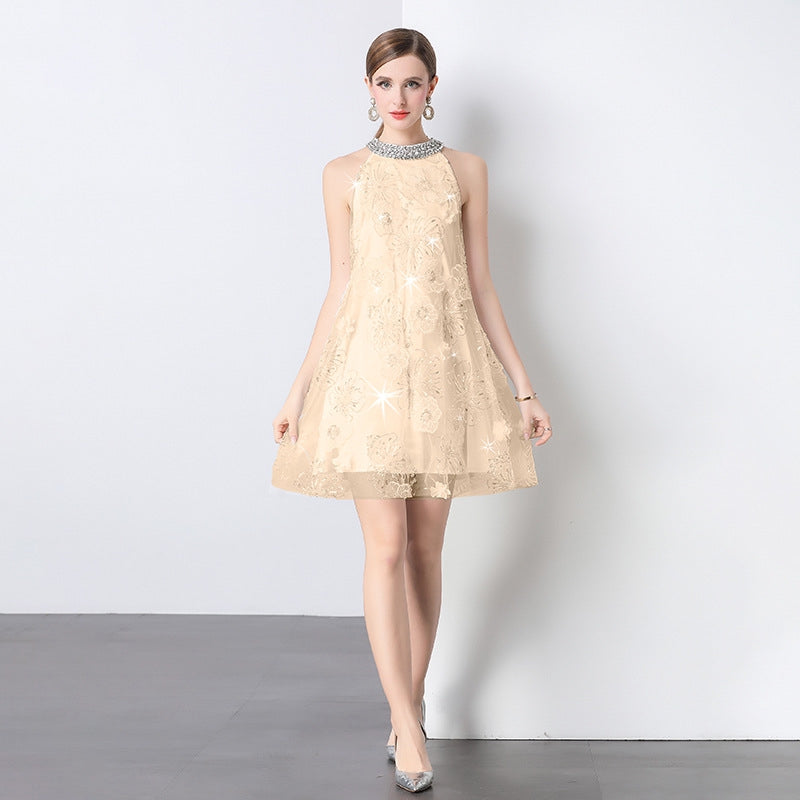 Golden Bloom Embroidered Party Dress - 903097354318_CHAMPANGE