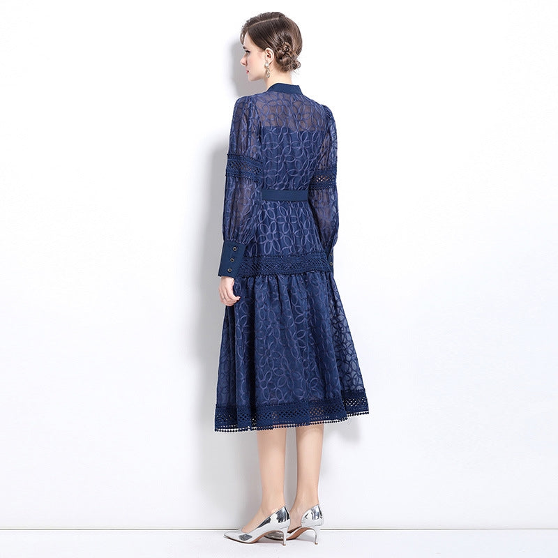 Elegant Navy Blue Lace Midi Dress with Belt