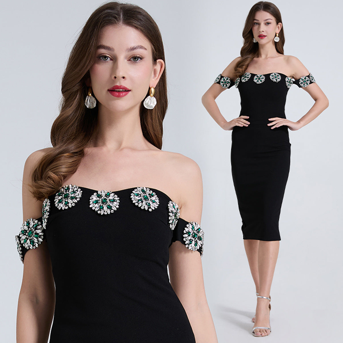 Off-Shoulder Embellished Midi Dress – Black